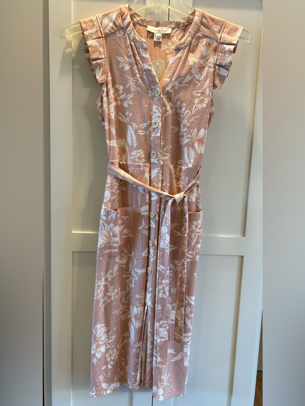 Monteau Cottagecore Soft Peach and Cream Linen Button down dress